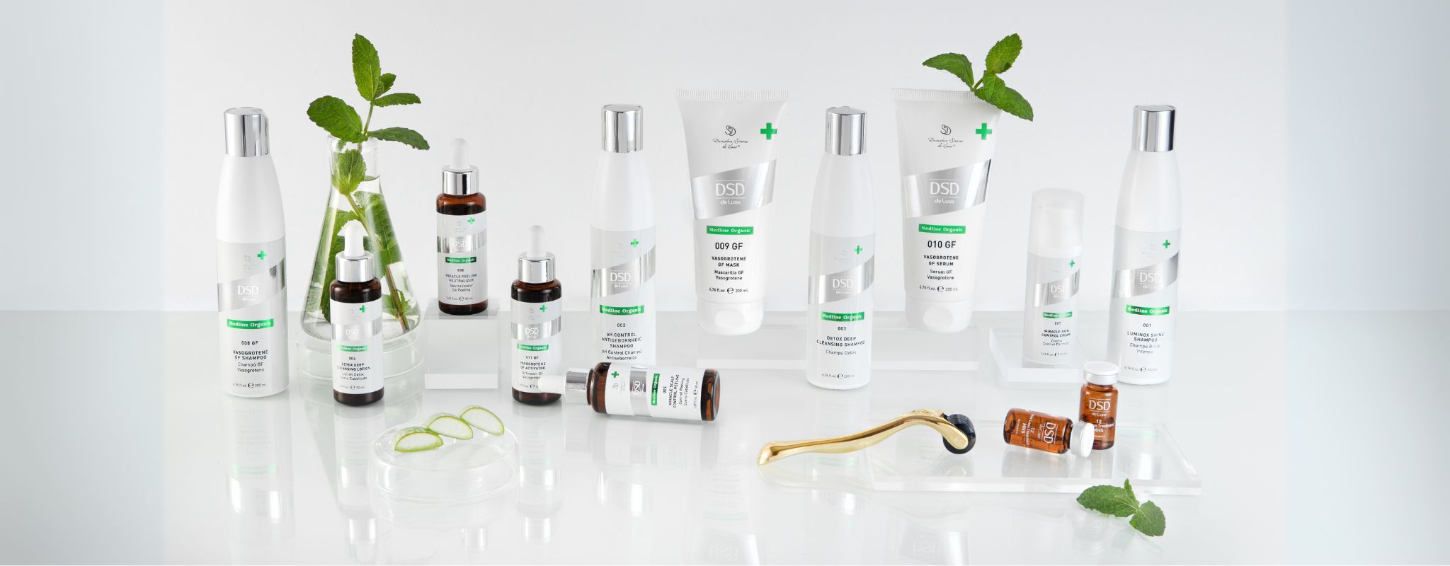 Full range of DSD de Luxe Medline Organic hair and scalp treatment products, including shampoos, masks, lotions, and serums, with emphasis on patented Growth Factor technology.
