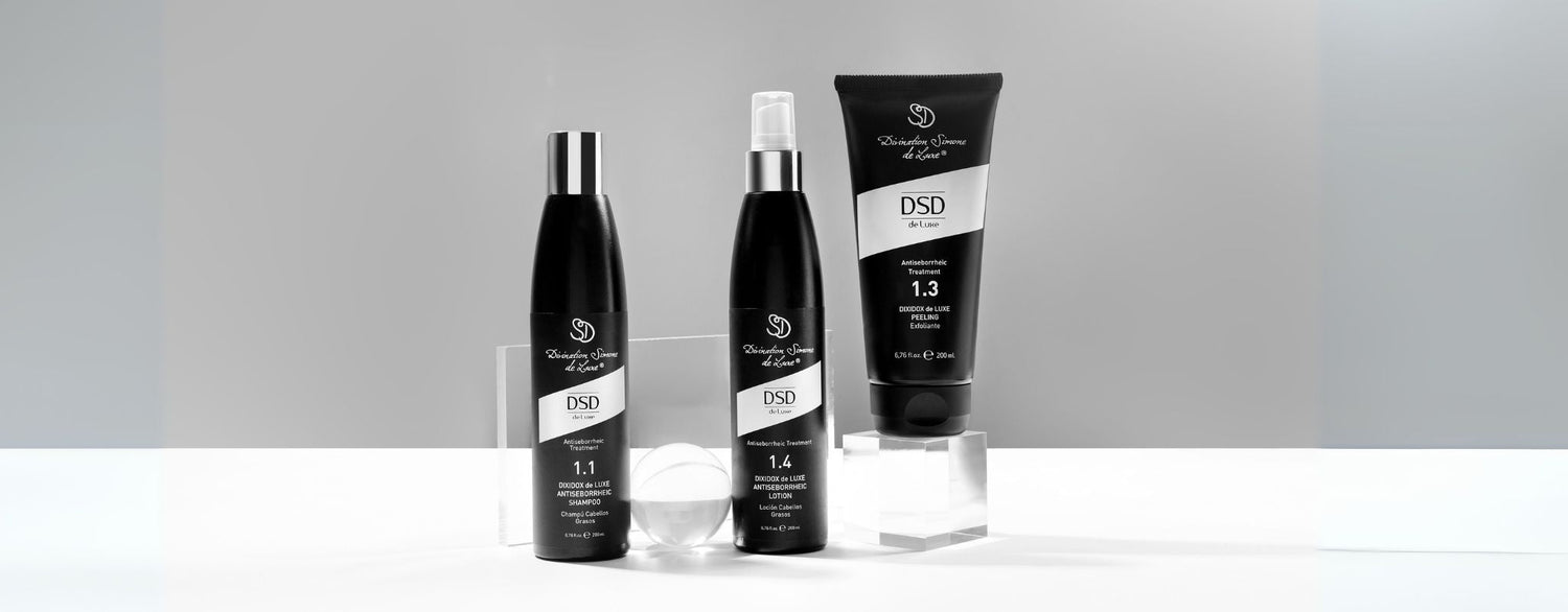 Full range of DSD de Luxe Line 1 products for grease reduction, featuring Dixidox de Luxe Antiseborrheic Shampoo, Peeling, and Antiseborrheic Lotion, designed to balance oily scalp and hair.