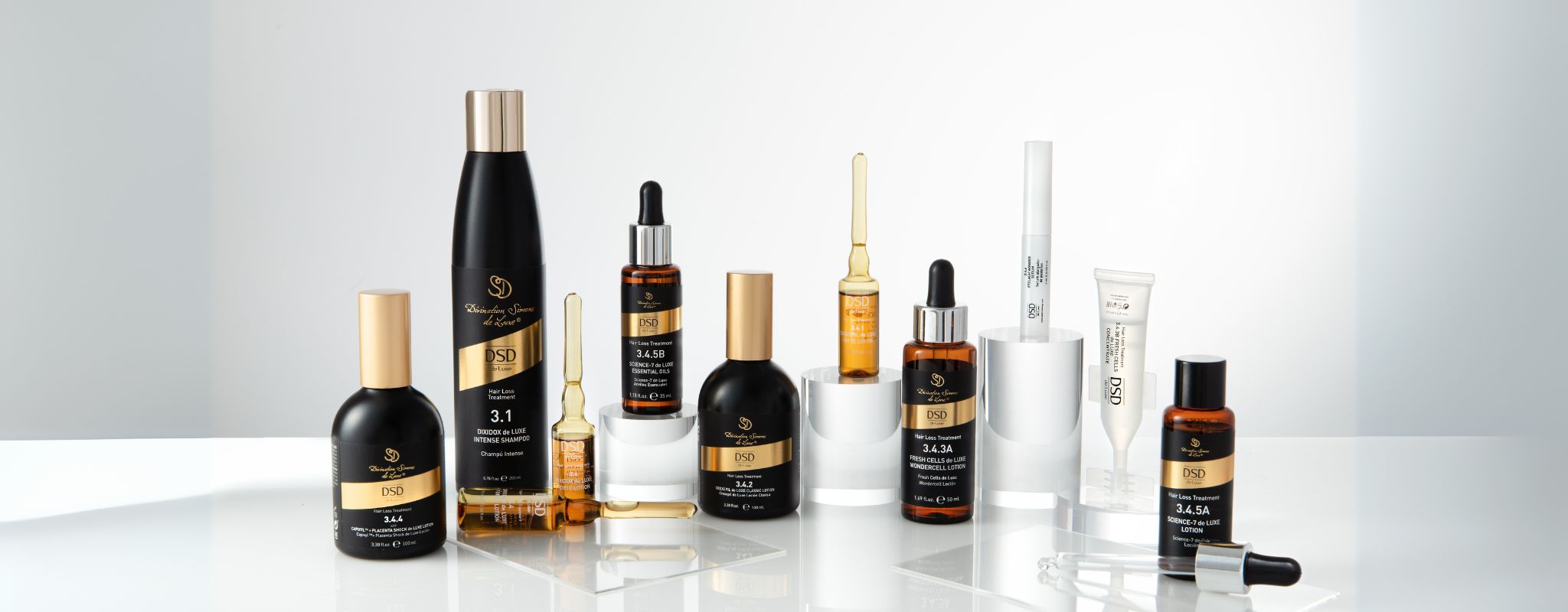 DSD de Luxe Line 3 Hair Loss Collection featuring Dixidox de Luxe Intense Shampoo and Crexepil de Luxe Forte and Capixyl + Placenta Shock lotions for hair loss treatment.