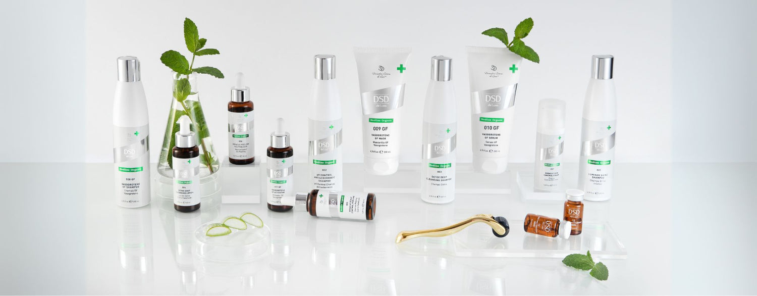 Full range of DSD de Luxe Medline Organic hair and scalp treatment products, including shampoos, masks, lotions, and serums, with emphasis on patented Growth Factor technology.